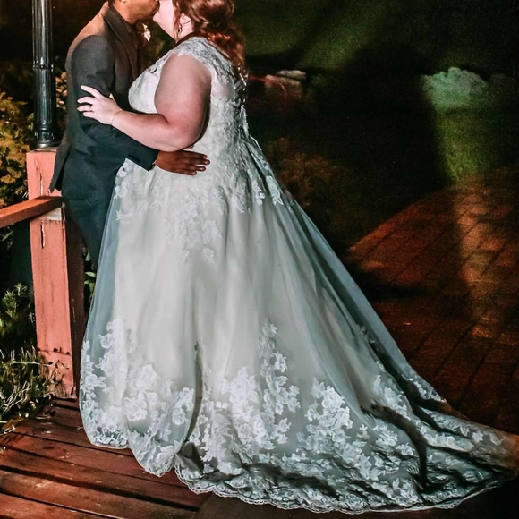 Ivory/Champagne V-neck Scalloped Lace Wedding Dress - Picture 12 of 12